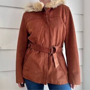 Philosophy di Alberta Ferretti Leather Suede Jacket with a Fur Trimmed Hood